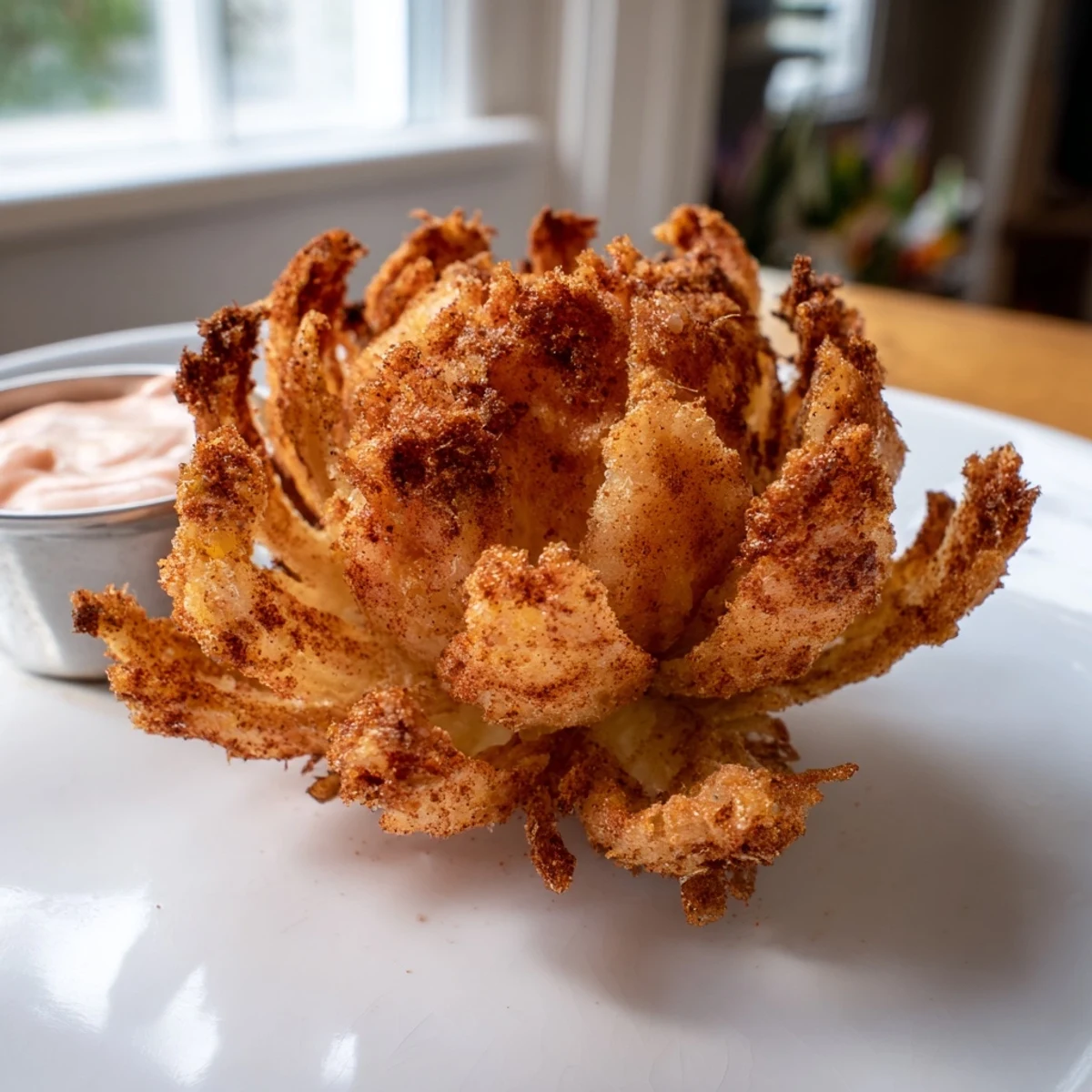 A plate of crispy mini bloomin onions garnished with smoked paprika.