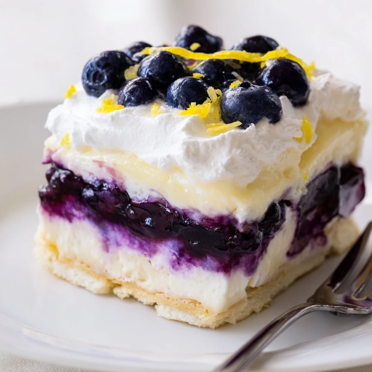 Tall slice of lemon blueberry lasagna showing creamy layers and juicy berry filling