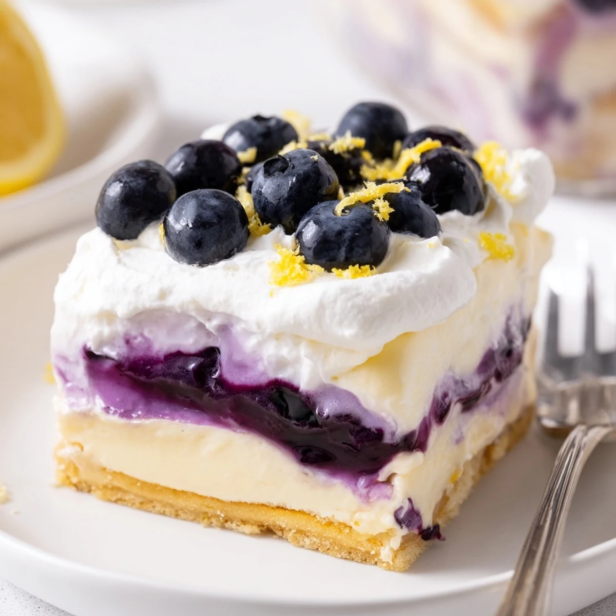 No-bake lemon blueberry lasagna garnished with fresh berries and zest on a white plate