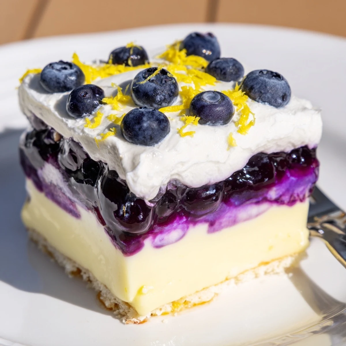 Chilled lemon blueberry lasagna dessert with golden cookie crust and swiped purple blueberry sauce