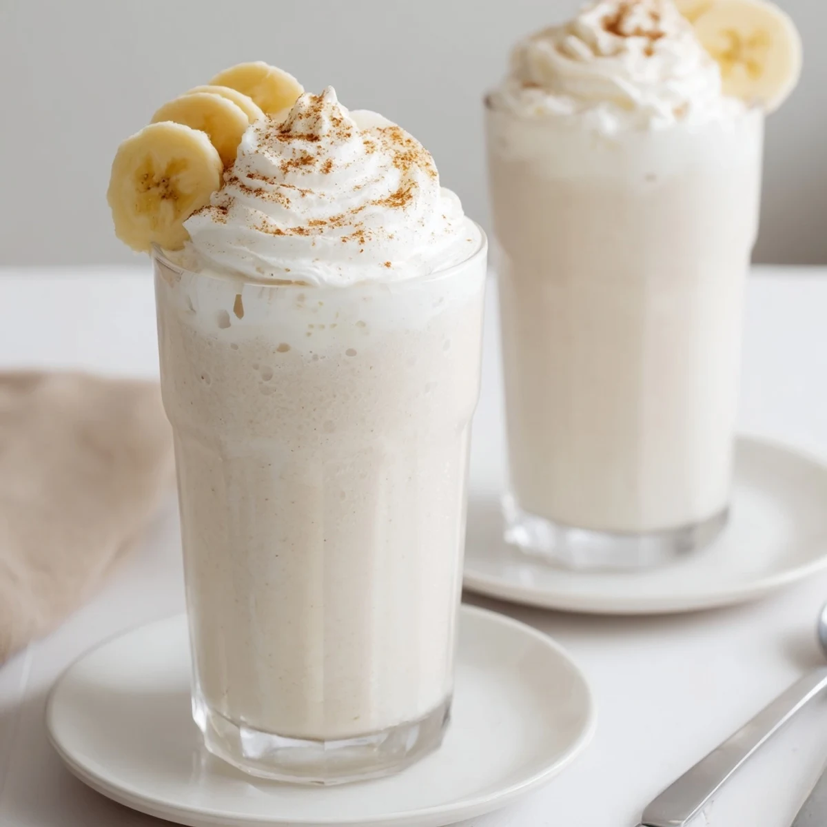 Vanilla Banana Shake in chilled glass, frothy texture, topped with cinnamon.