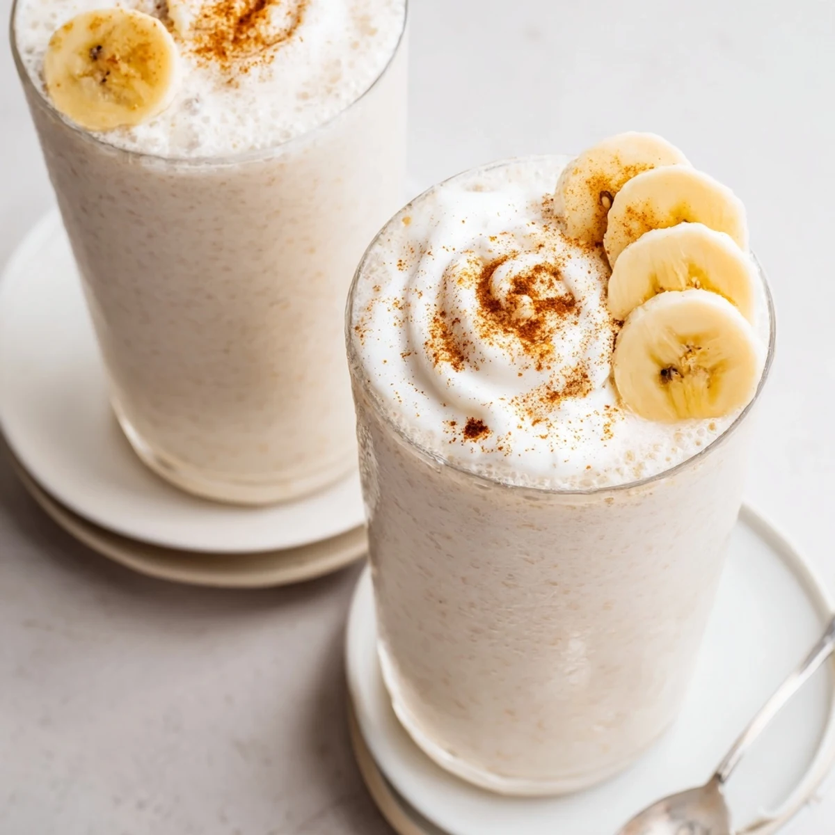 Freshly blended Vanilla Banana Shake poured into two glasses, creamy and cold.