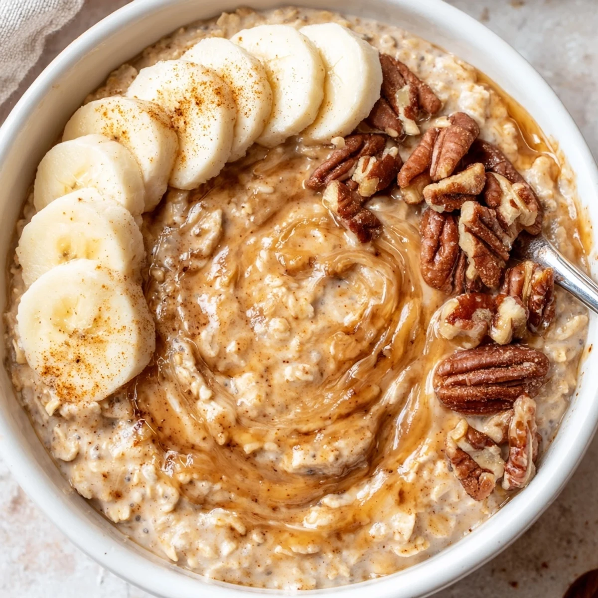 Creamy Brown Sugar Coffee Overnight Oats layered in mason jar with banana.