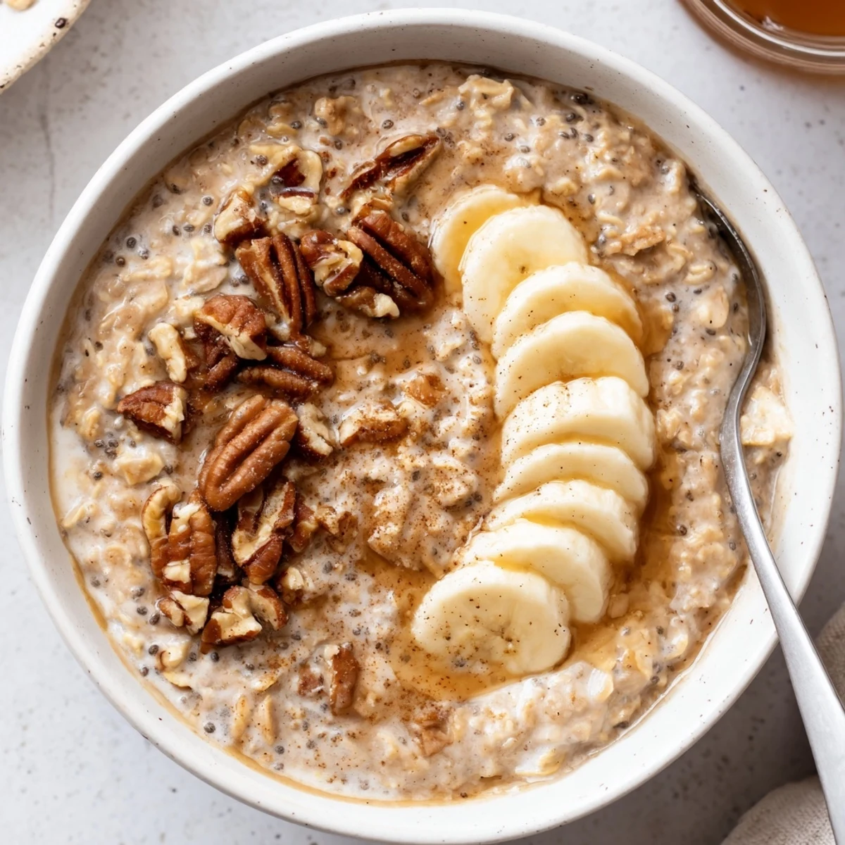 Make-ahead Brown Sugar Coffee Overnight Oats chilled, sprinkled with toasted pecans.