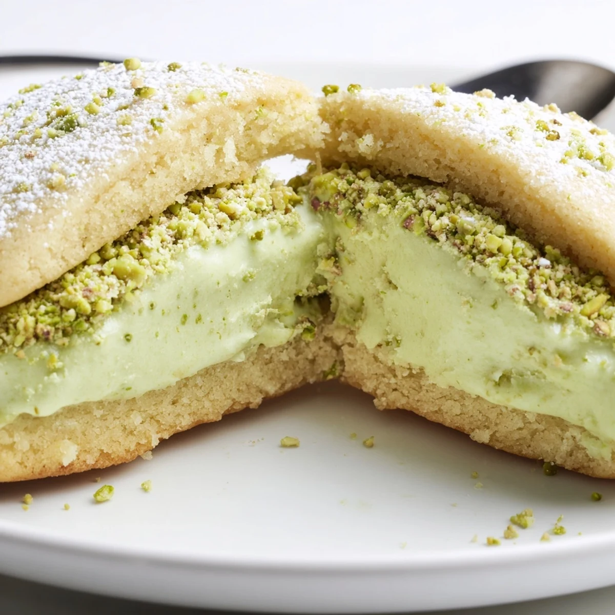 Pistachio Cream Cookies Recipe showing buttery cookies filled with vibrant green cream
