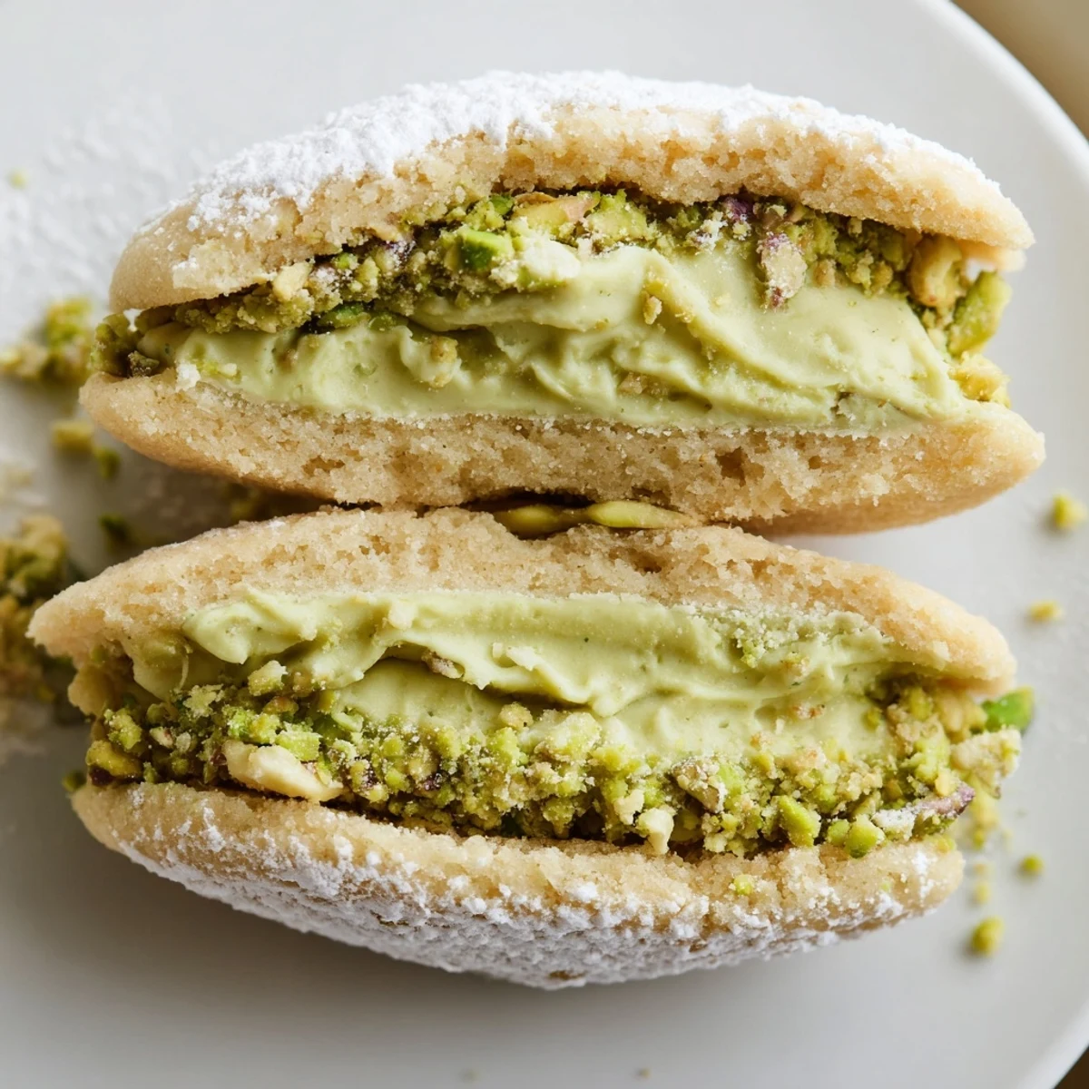 Close-up of Pistachio Cream Cookies Recipe sandwiched with creamy filling, chopped pistachios
