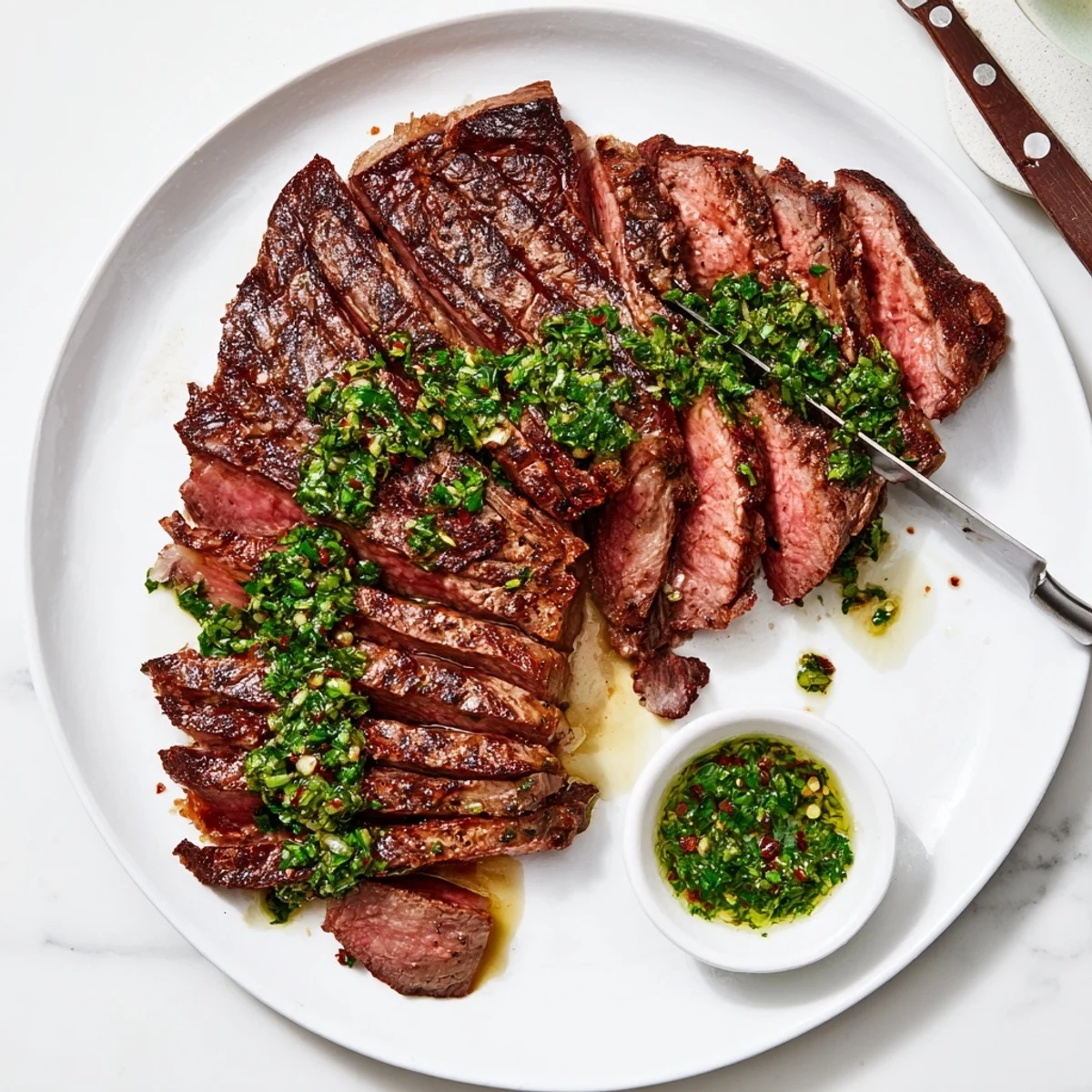 Grilled Chimichurri Steak Recipe: juicy ribeye slices topped with vibrant herb sauce
