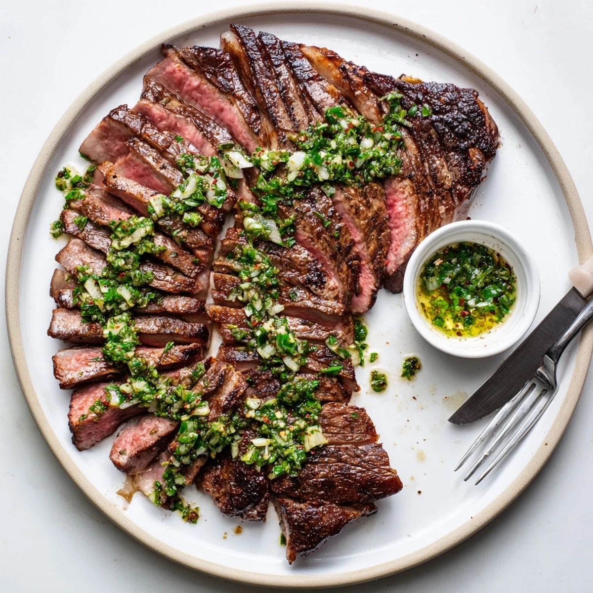 Chimichurri Steak Recipe served on a wooden cutting board with bright green sauce