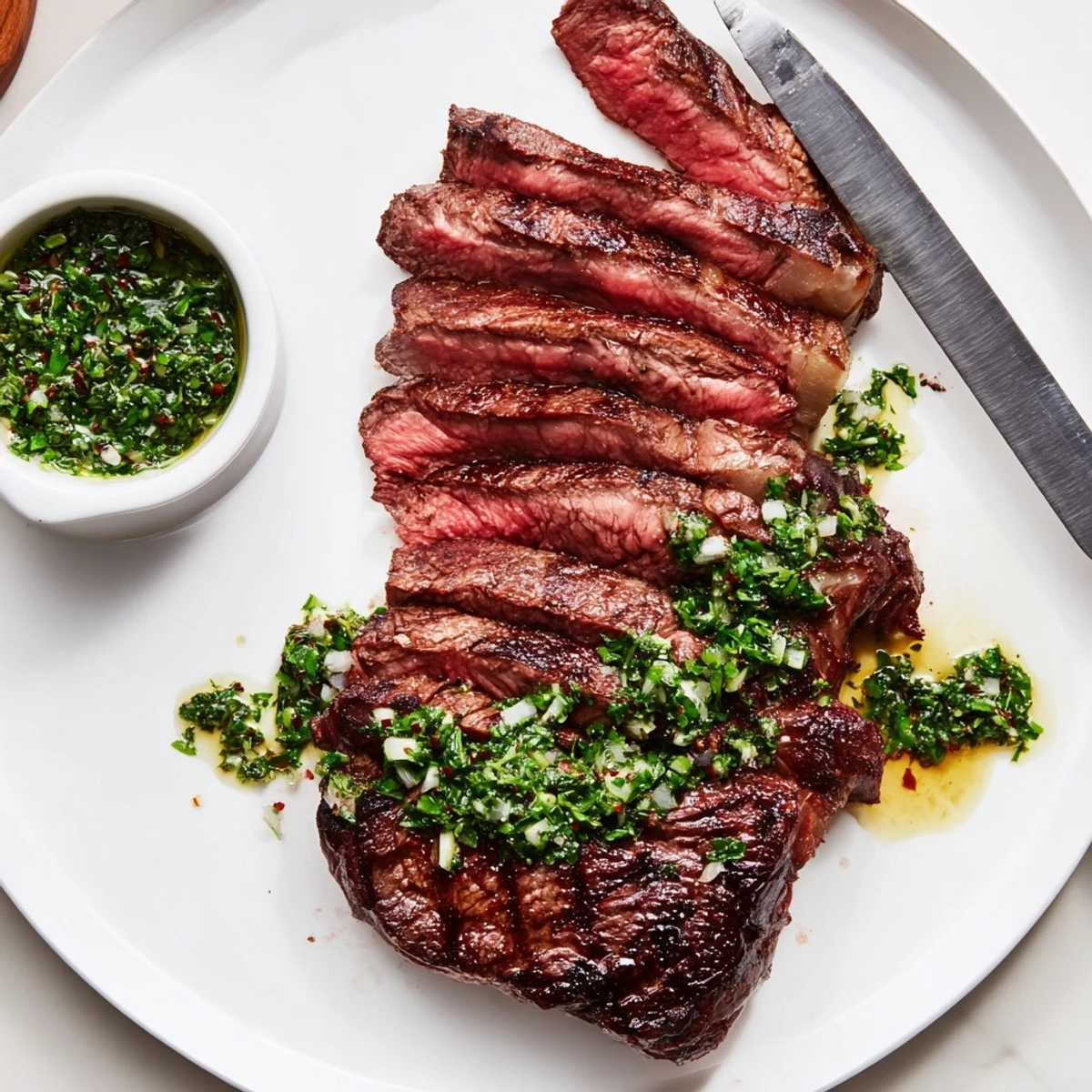 Pan-seared Chimichurri Steak Recipe sliced medium-rare with garlicky tang and olive oil drizzle
