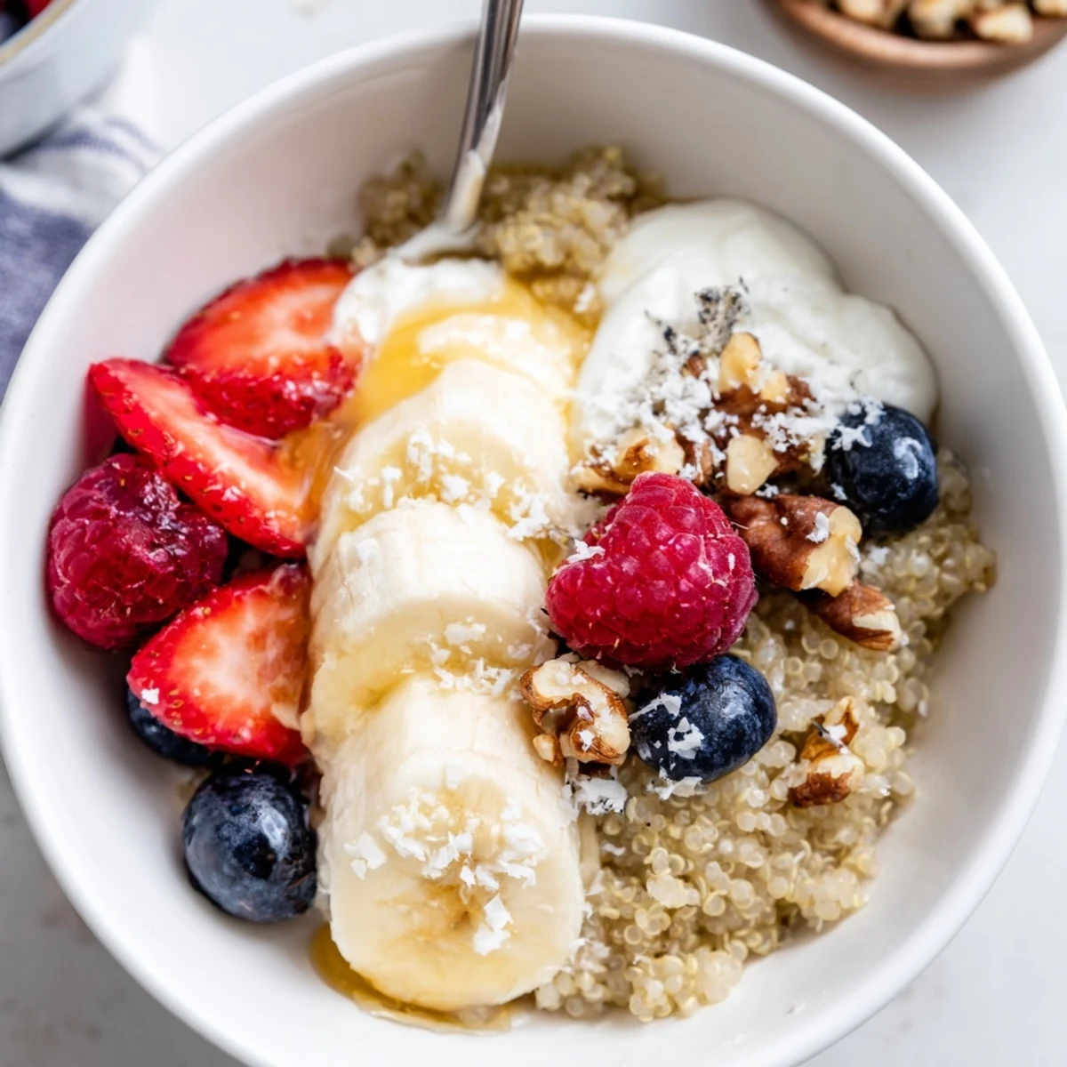 Quinoa Breakfast Bowl with fluffy quinoa, creamy yogurt, and fresh berries.
