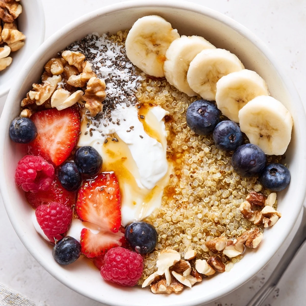 Warm Quinoa Breakfast Bowl topped with sliced banana, crunchy nuts, drizzled honey.