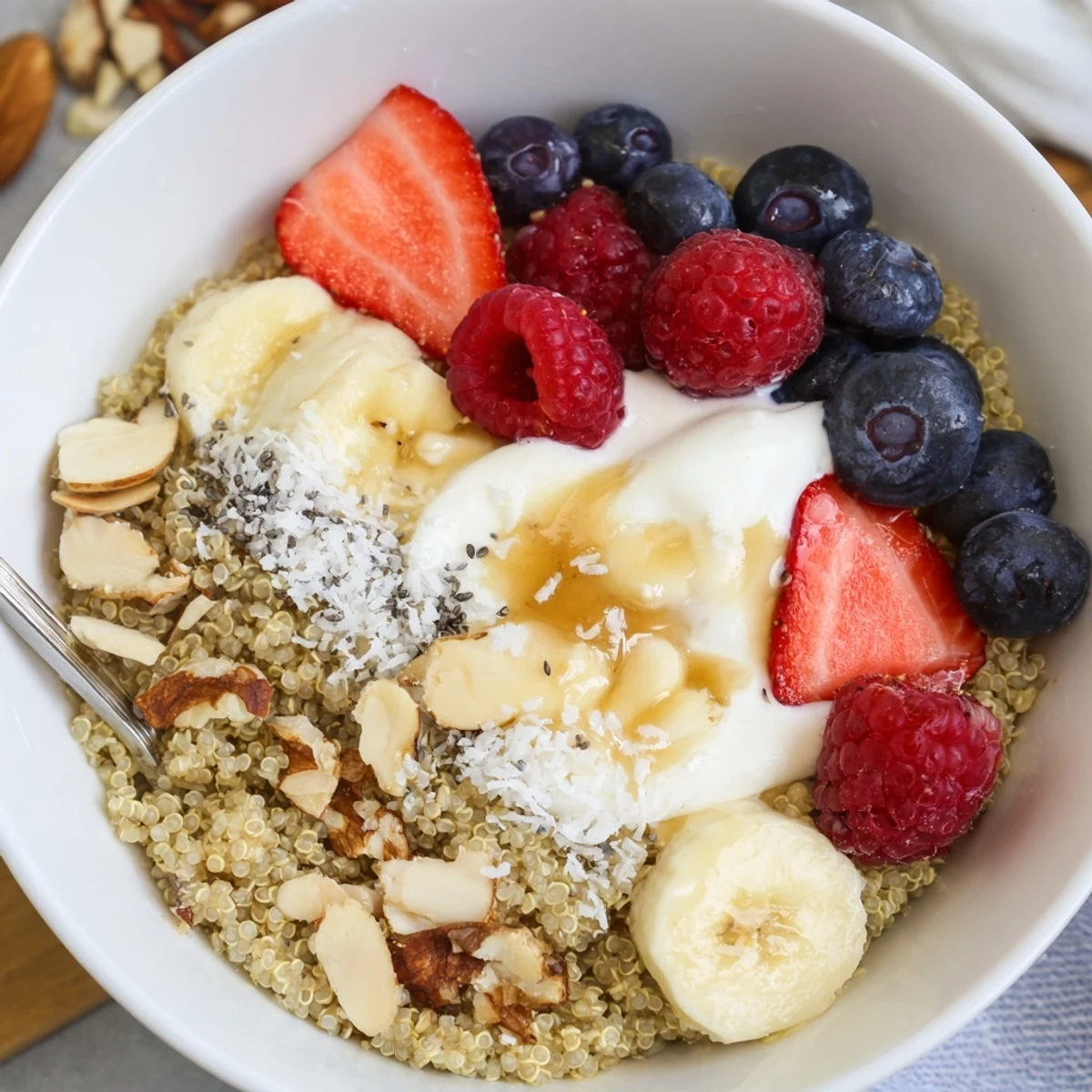 Colorful Quinoa Breakfast Bowl arranged with berries, chia, coconut, ready to eat.