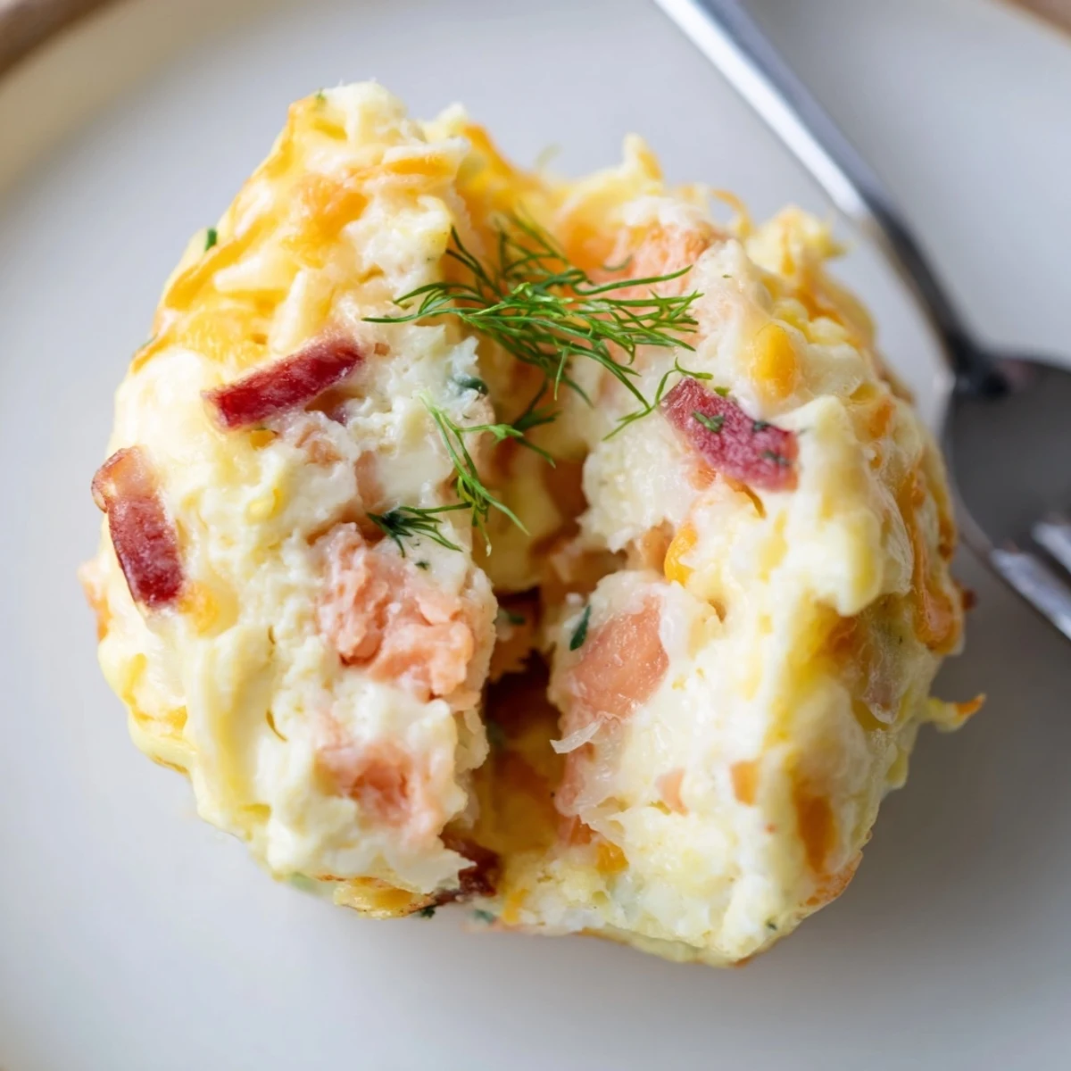 Smoked Salmon Egg Muffins steaming on a plate, dill garnish and golden tops