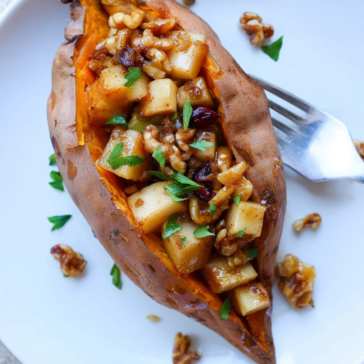 Roasted Stuffed Sweet Potatoes With Apples, cinnamon aroma, walnuts, maple-glazed filling