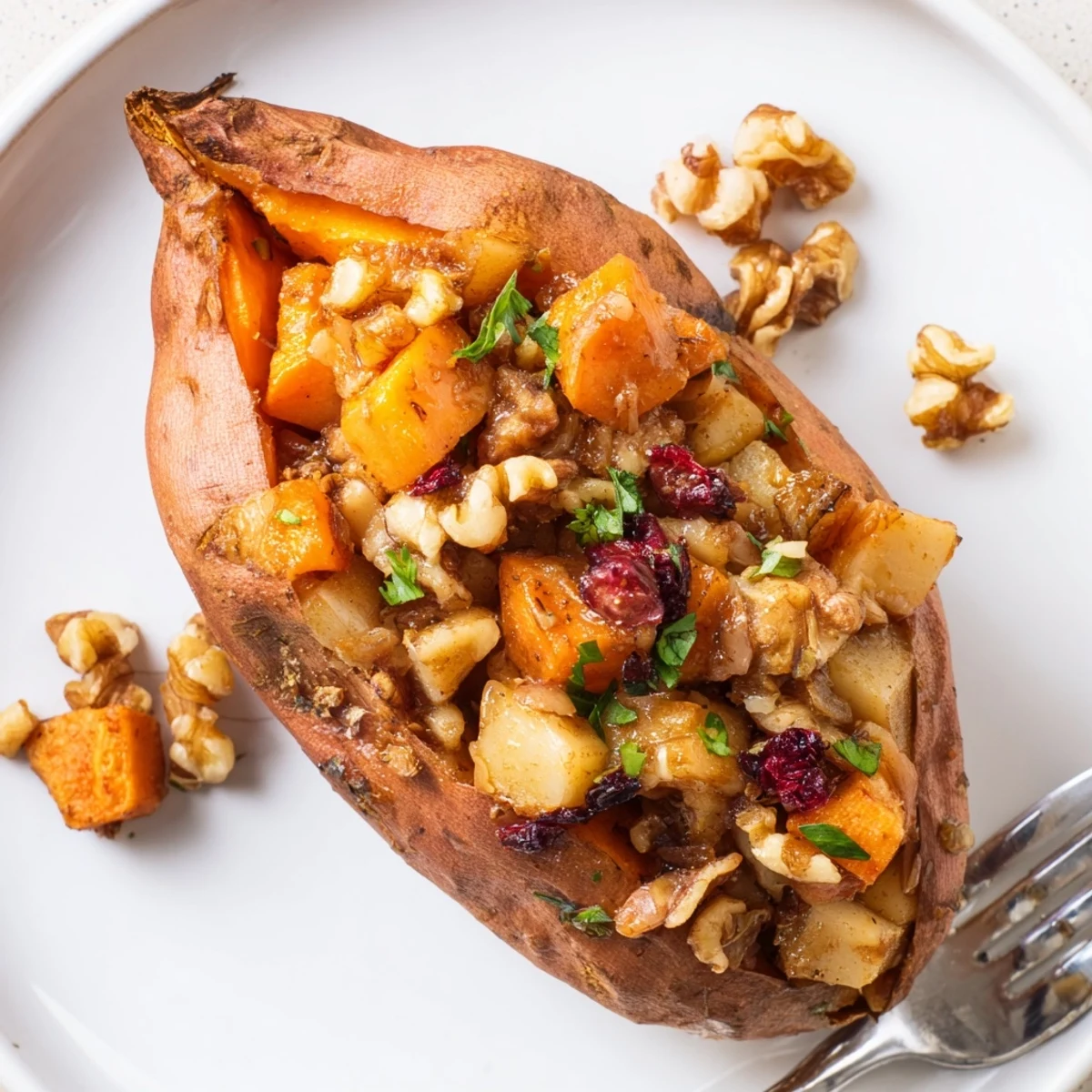 Warm Stuffed Sweet Potatoes With Apples served on plate, sprinkled parsley