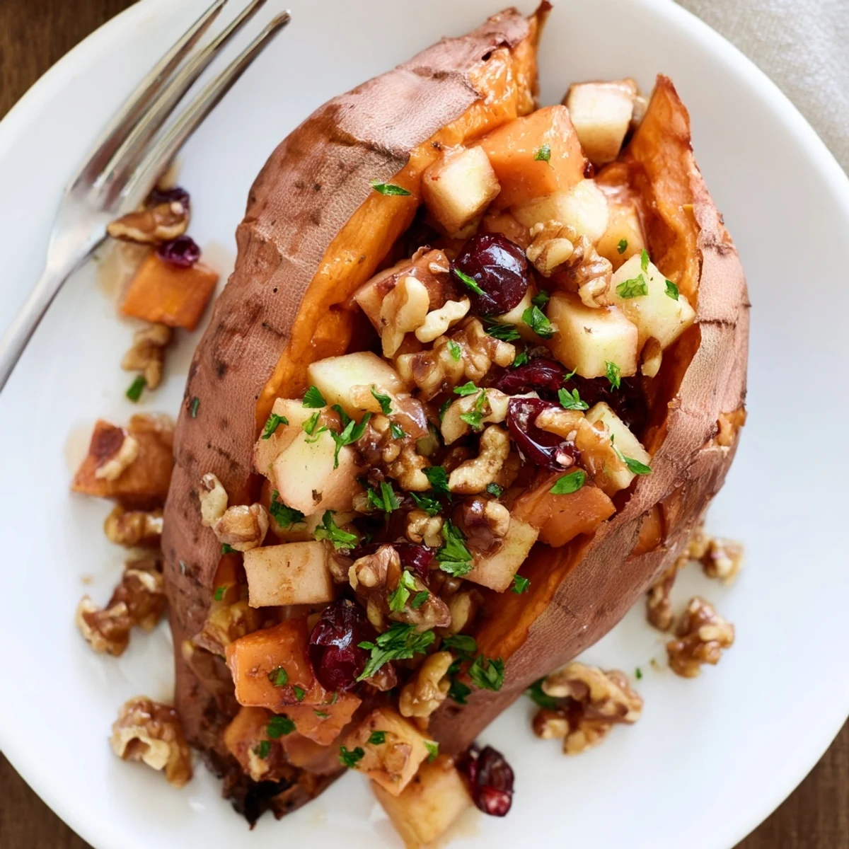 Fork-fluffed Stuffed Sweet Potatoes With Apples, warm filling of cinnamon walnuts