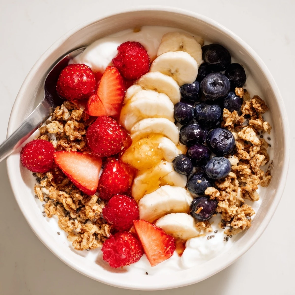 Cottage Cheese Breakfast Bowl with creamy curds, vibrant berries, crunchy granola drizzle