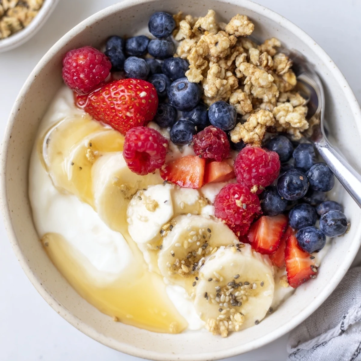 Spoonful Cottage Cheese Breakfast Bowl layered with sliced banana, honey, chia