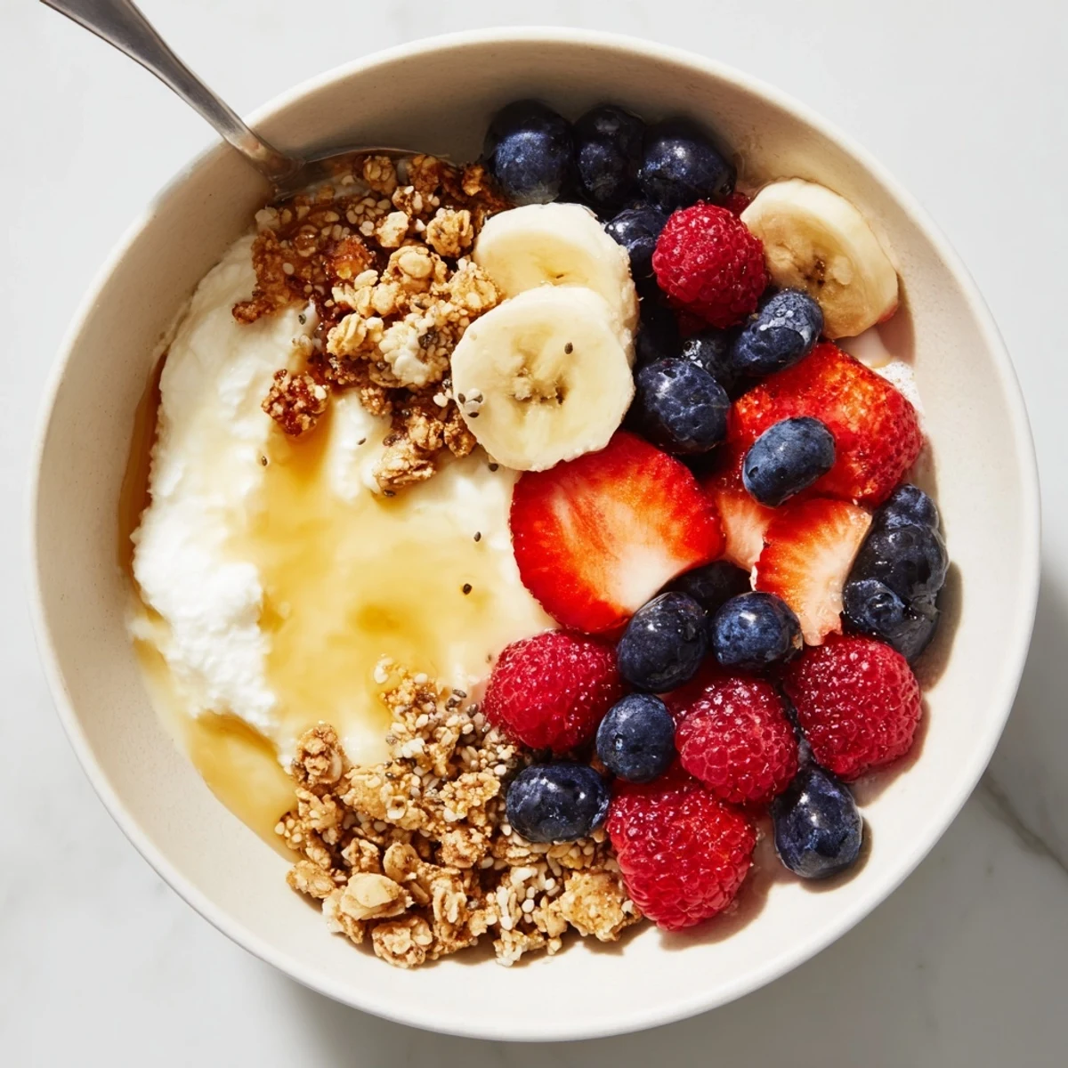 Bright Cottage Cheese Breakfast Bowl garnished with mixed berries, toasted granola, spoon-ready
