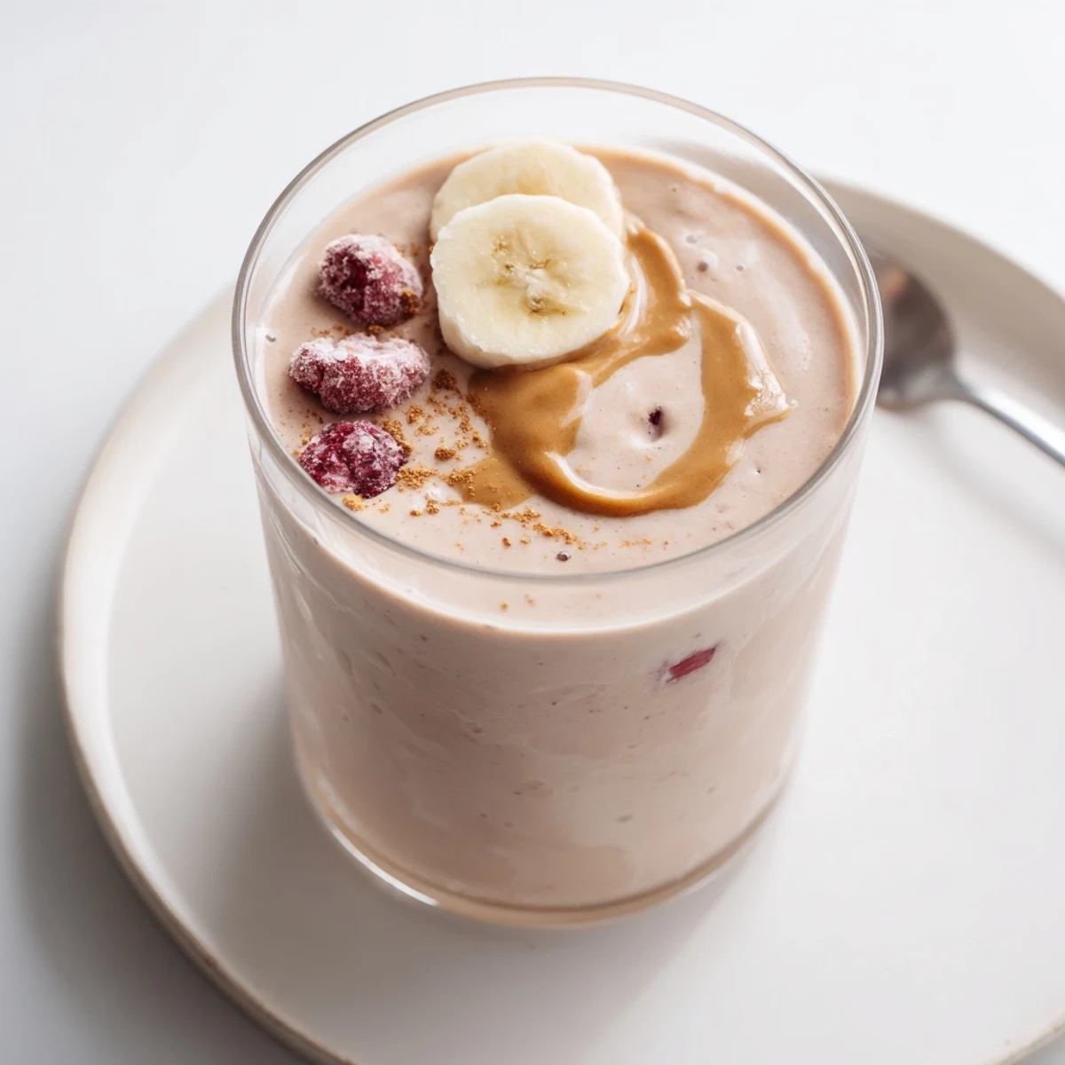 Creamy High Protein Smoothie in tall glass, frothy, speckled with berries