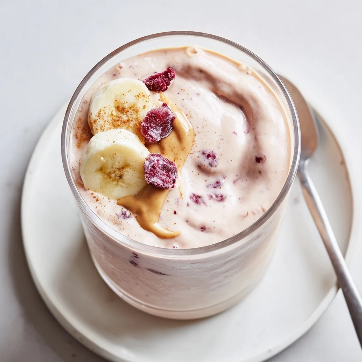 Post workout High Protein Smoothie poured into two glasses, topped with cinnamon