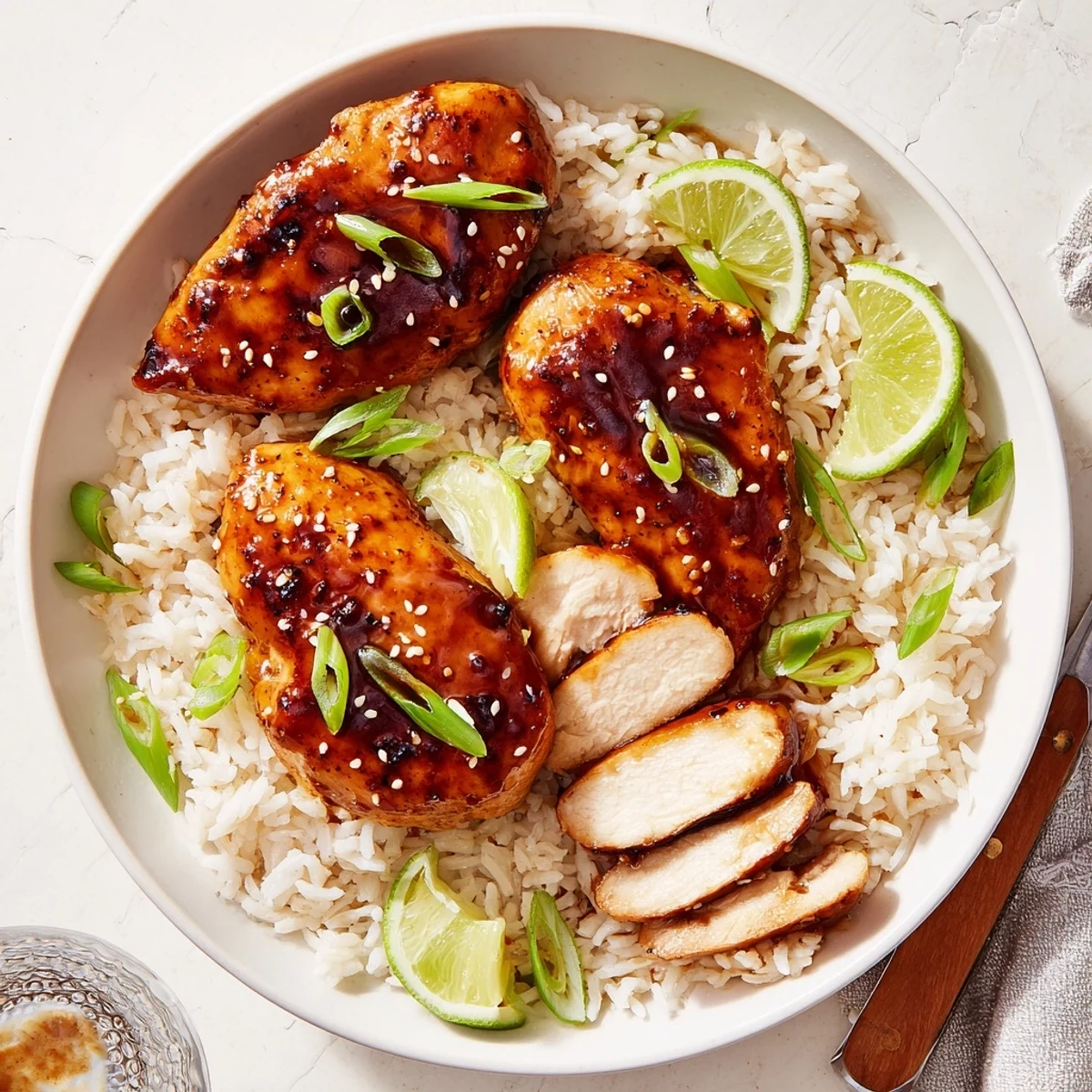 Spicy Maple Chicken And Coconut Rice glistening with sticky glaze over fluffy rice.