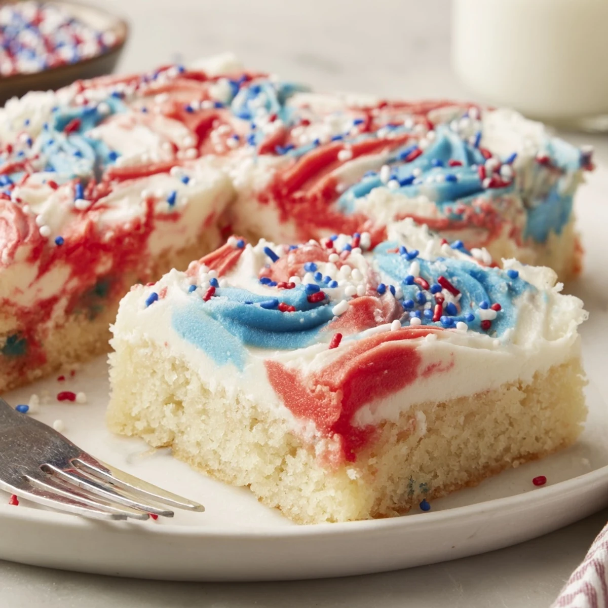 Patriotic Sugar Cookie Bars topped with fluffy frosting, bright color, sweet aroma
