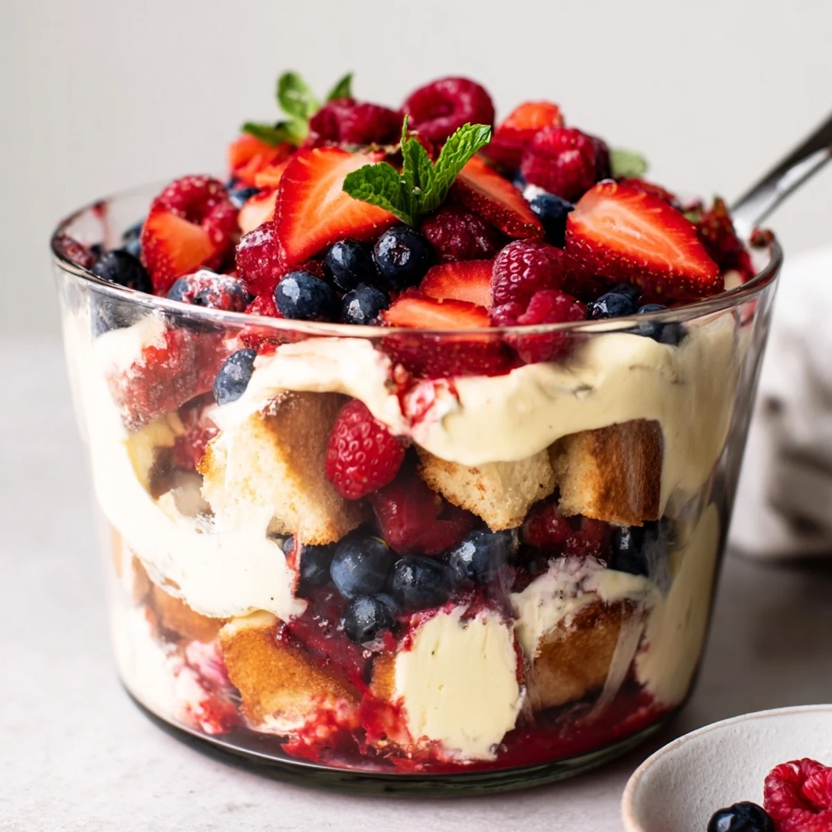 Chilled Berry Vanilla Cream Trifle in a glass bowl, garnished with fresh mint