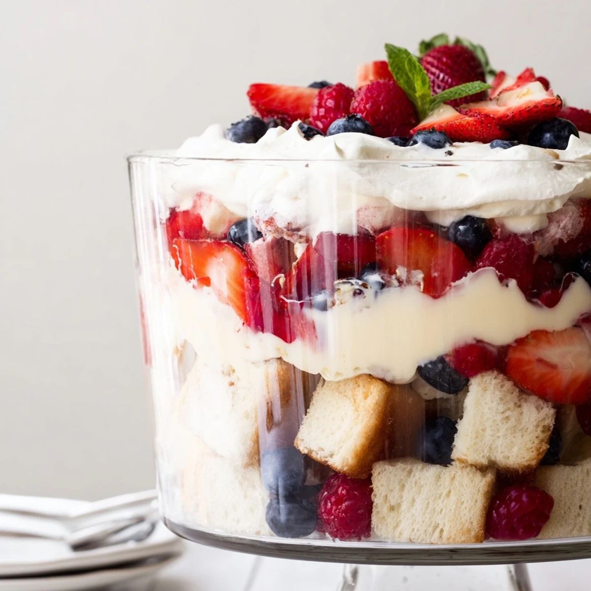 Berry Vanilla Cream Trifle layered with juicy berries, fluffy cake, and silky custard