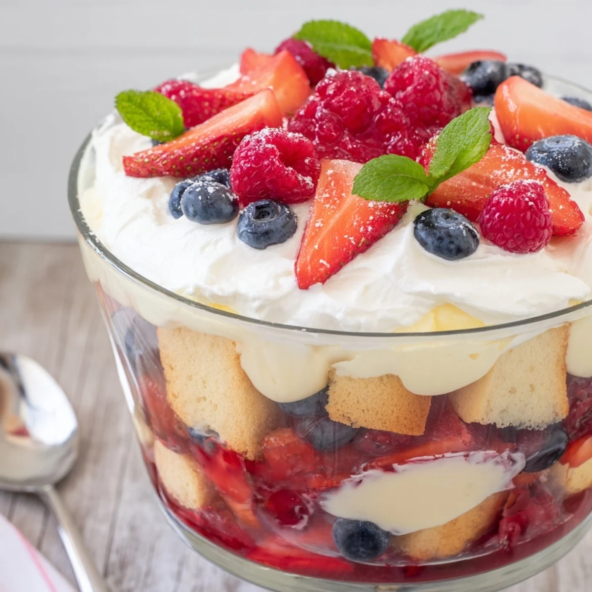 Perfect for summer Berry Vanilla Cream Trifle spooned into bowls, juices glistening