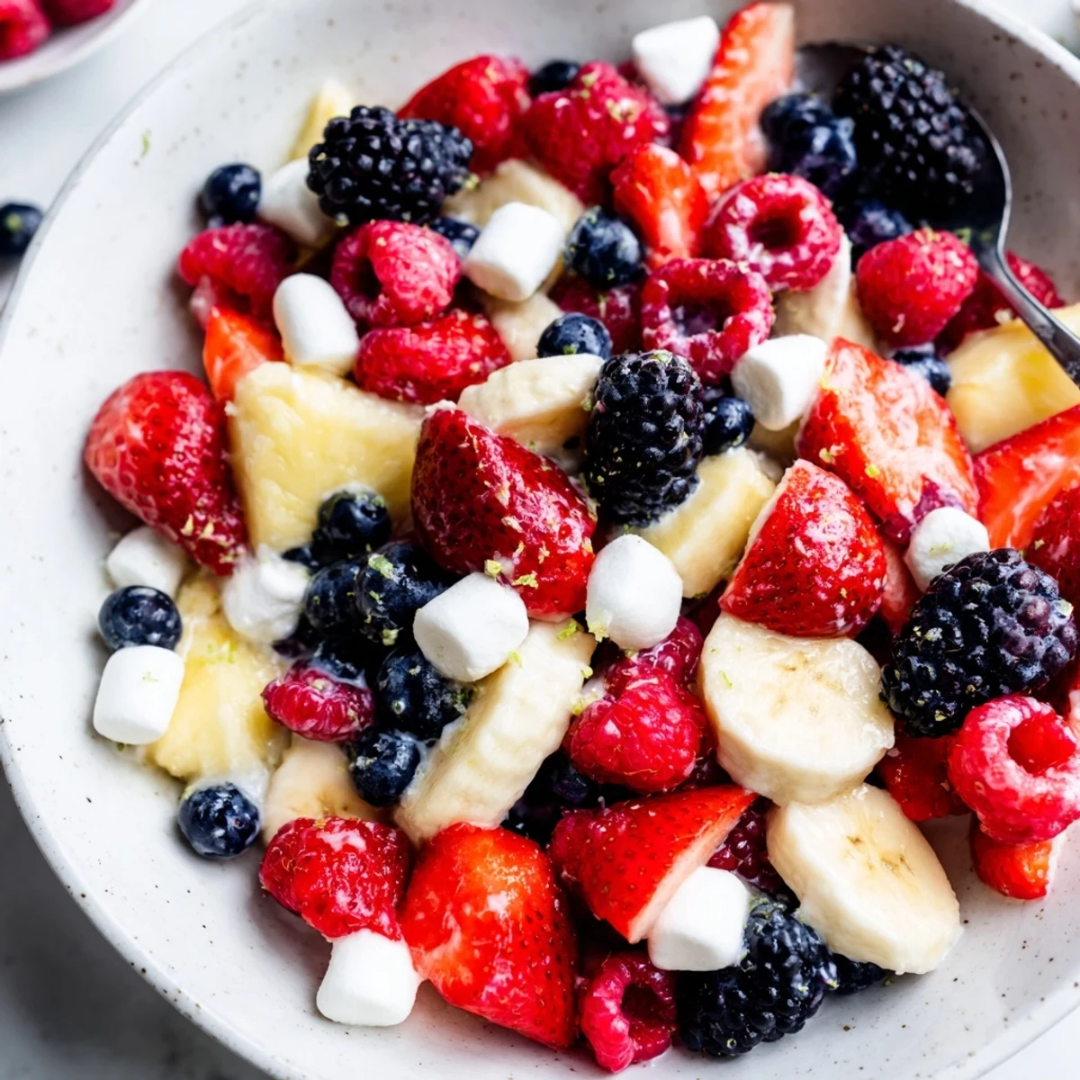 Patriotic Red White And Blue Fruit Salad tossed in honey-lime dressing