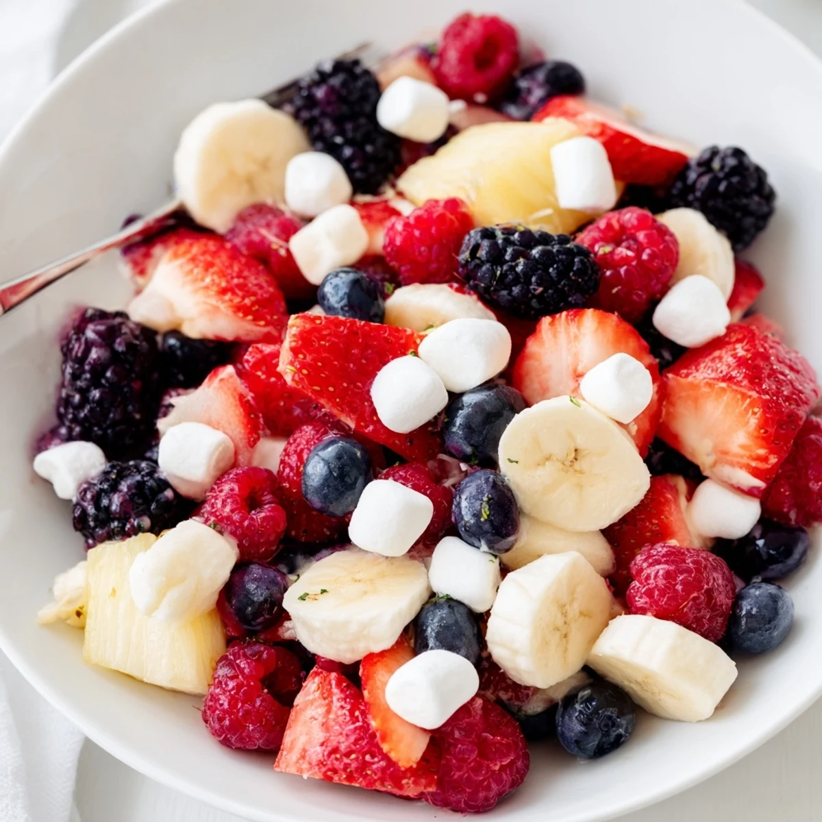 Bright Red White And Blue Fruit Salad garnished with fresh mint, chilled