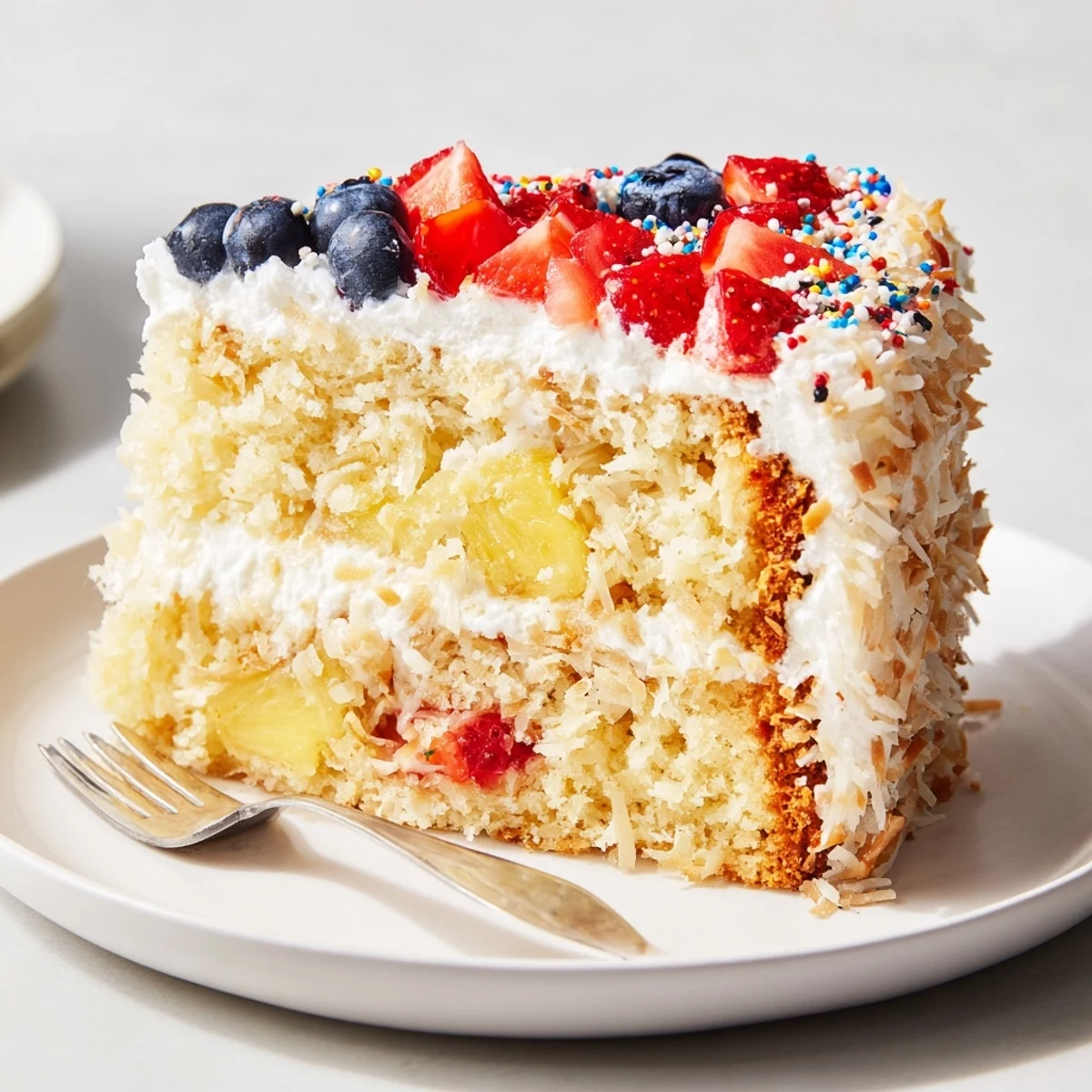 Festive Pineapple Coconut God Bless America Cake topped with toasted coconut and berries