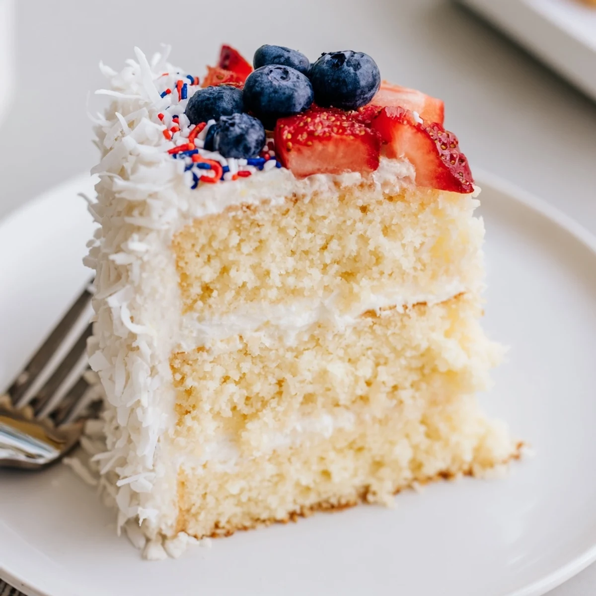 Sliced Pineapple Coconut God Bless America Cake on a patriotic summer picnic table