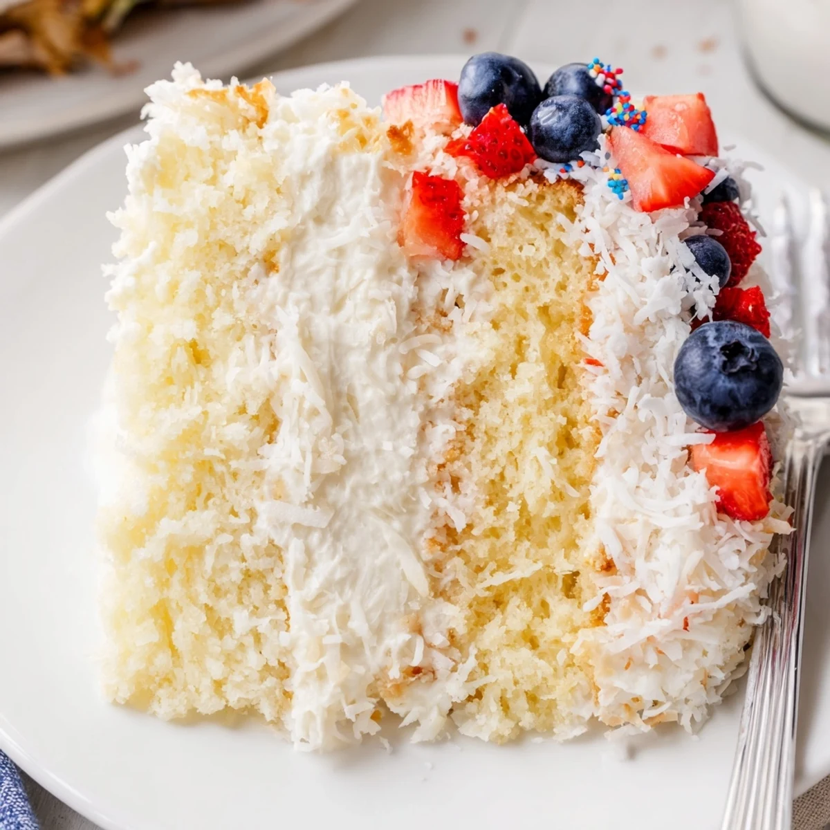 Moist Pineapple Coconut God Bless America Cake layered with cream cheese frosting