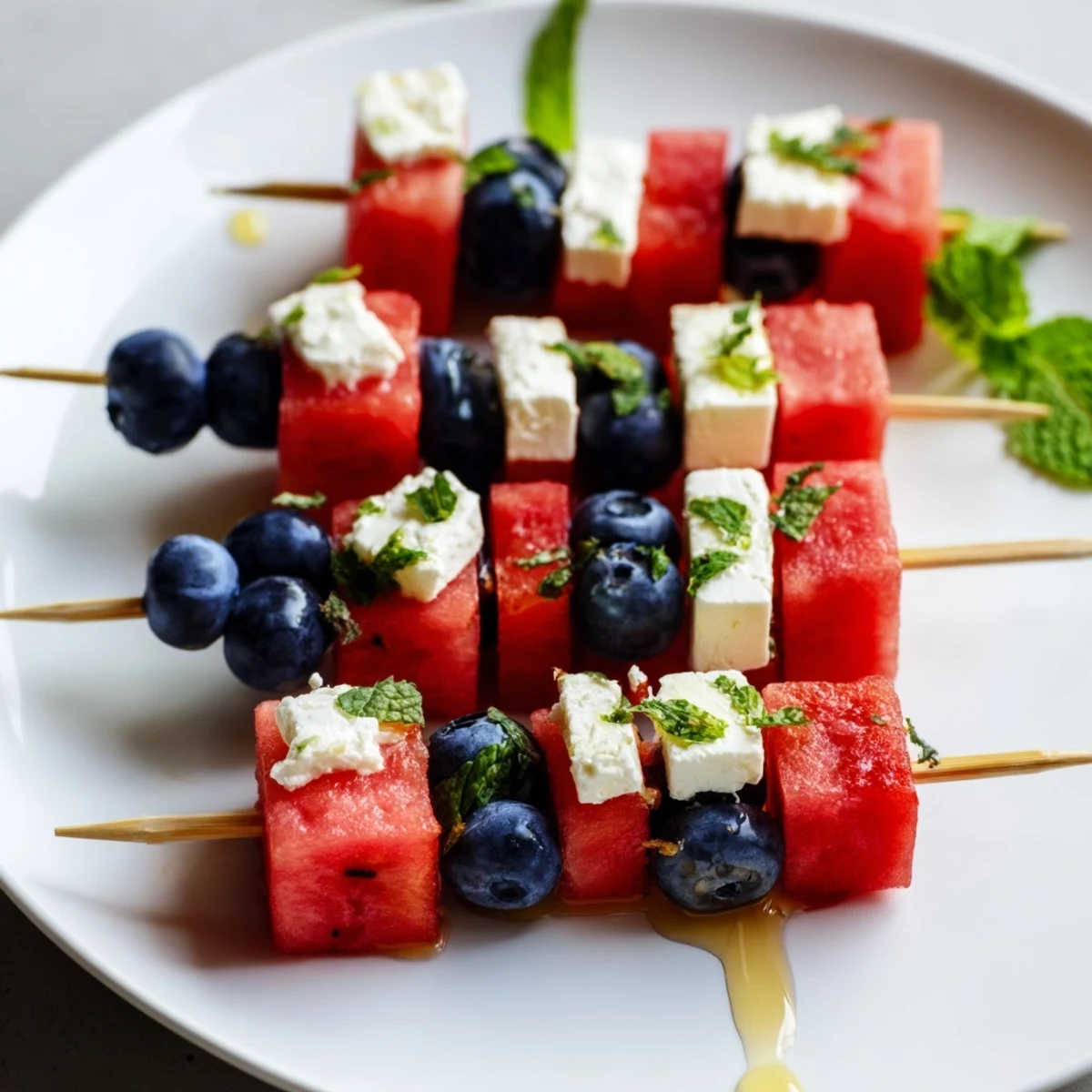 Patriotic Watermelon Feta Skewers glistening chilled, juicy watermelon and creamy feta cubes  