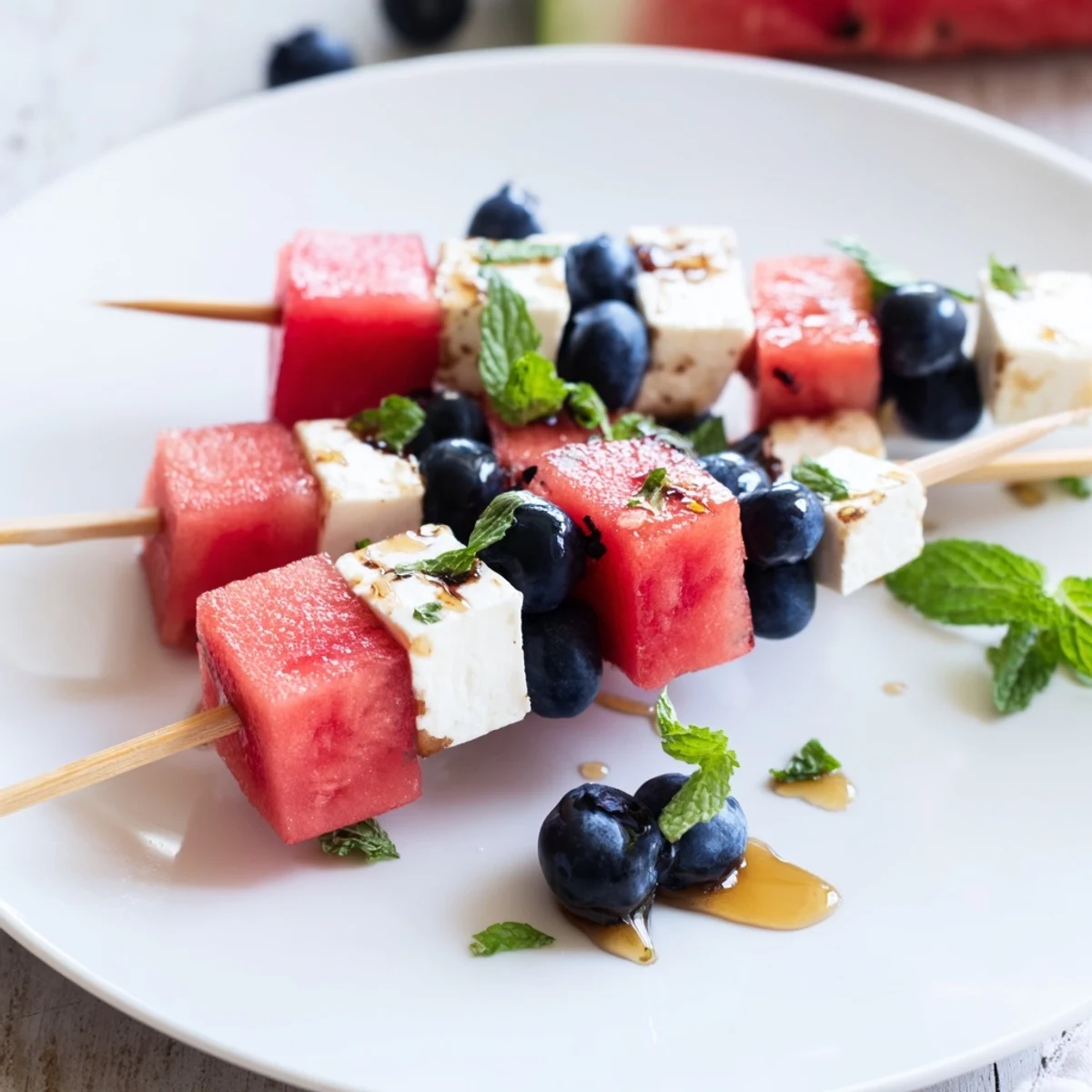 Easy Patriotic Watermelon Feta Skewers skewered with blueberries, drizzled honey, served chilled