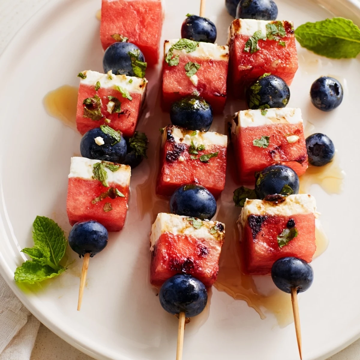 Summer-ready Patriotic Watermelon Feta Skewers arranged on platter with mint garnish  