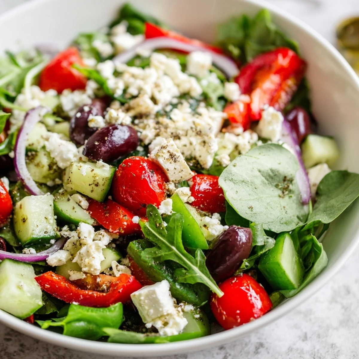 Plated for lunch, this Fresh Salad Recipe is topped with crumbled feta.