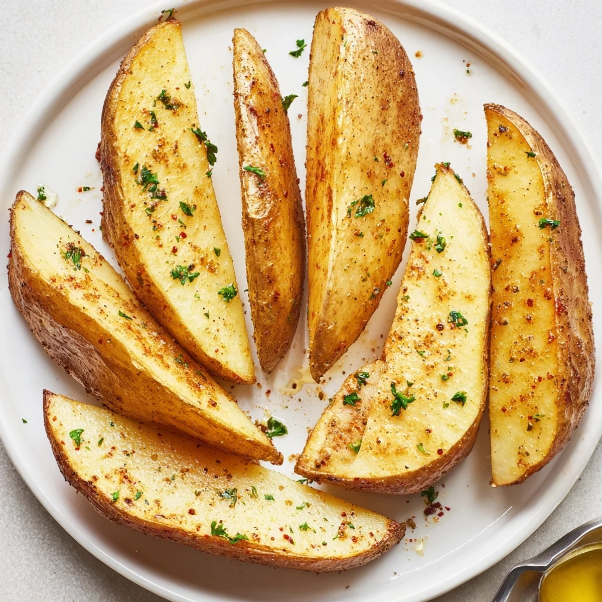 Seasoned Potato Wedges on parchment-lined baking sheet, sprinkled with fresh parsley
