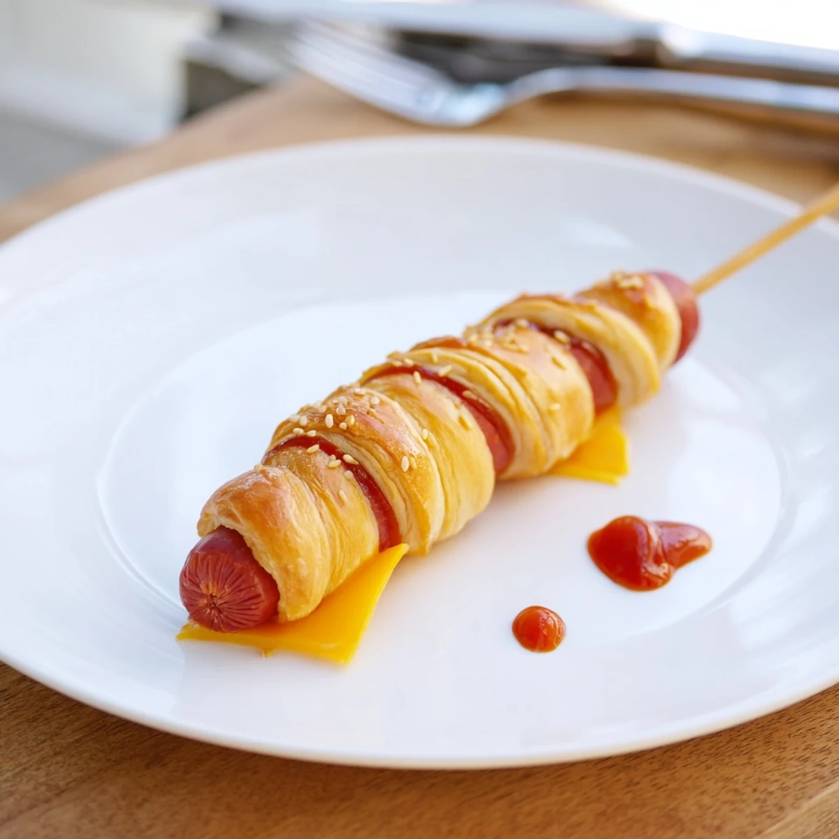 Golden baked Firecracker Hot Dogs on parchment, buttery spiral crust, sesame sprinkles