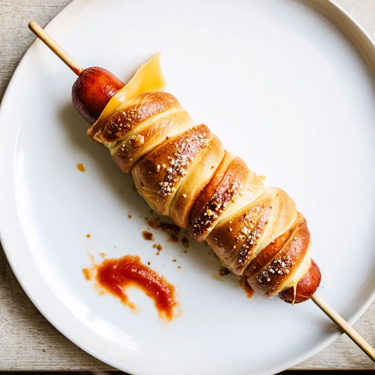 Close-up of Firecracker Hot Dogs skewered like festive pops, ketchup nearby