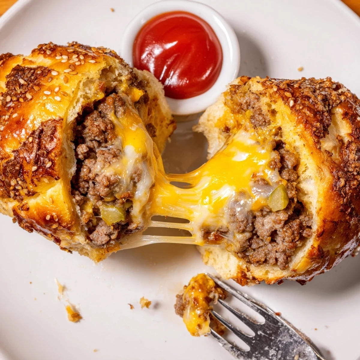 Golden baked Cheesy Cheeseburger Bombs steaming, oozing cheddar, served with ketchup