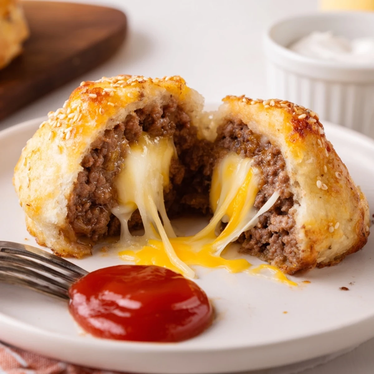 Close-up of Cheesy Cheeseburger Bombs Explosion Recipe, sesame-topped biscuits bursting cheese