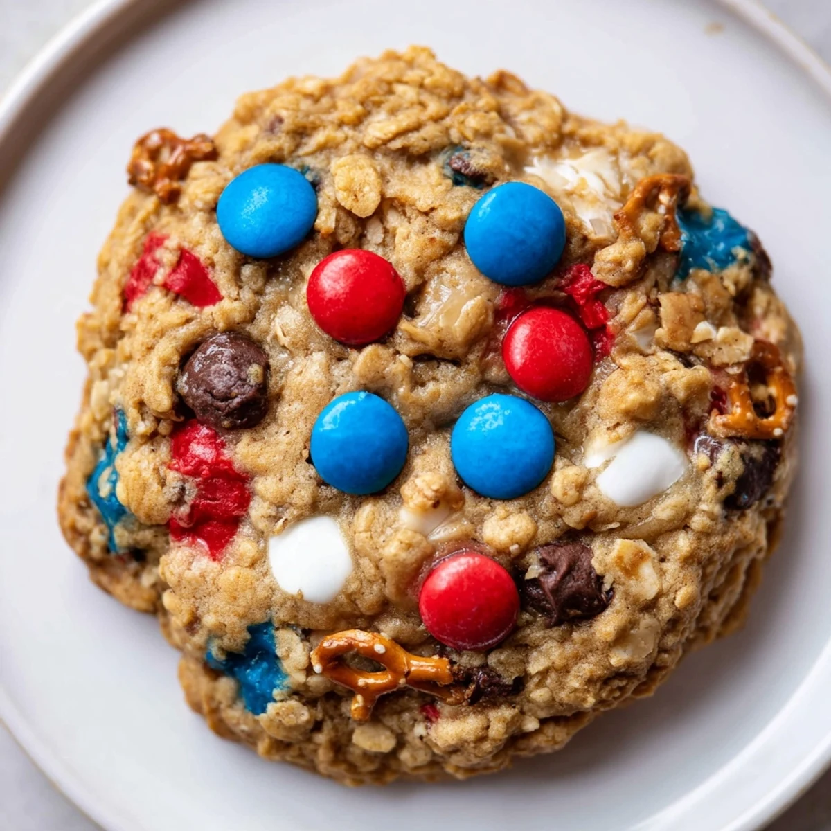Patriotic Monster Cookies Recipe piled warm, chewy with red, white, blue candies