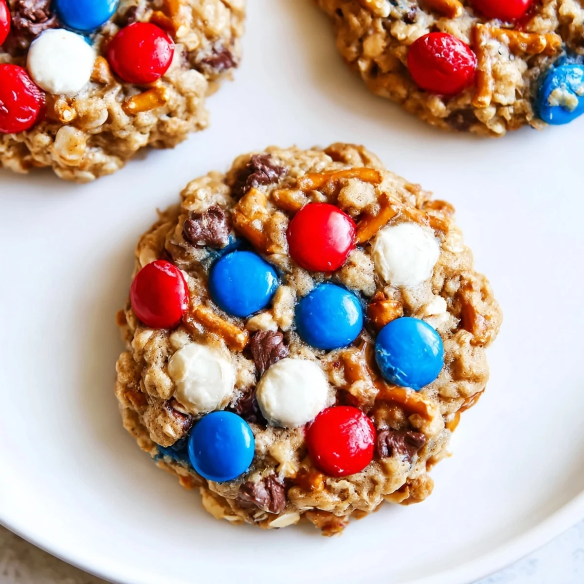 Chewy Patriotic Monster Cookies Recipe on parchment, cooling rack, picnic-ready