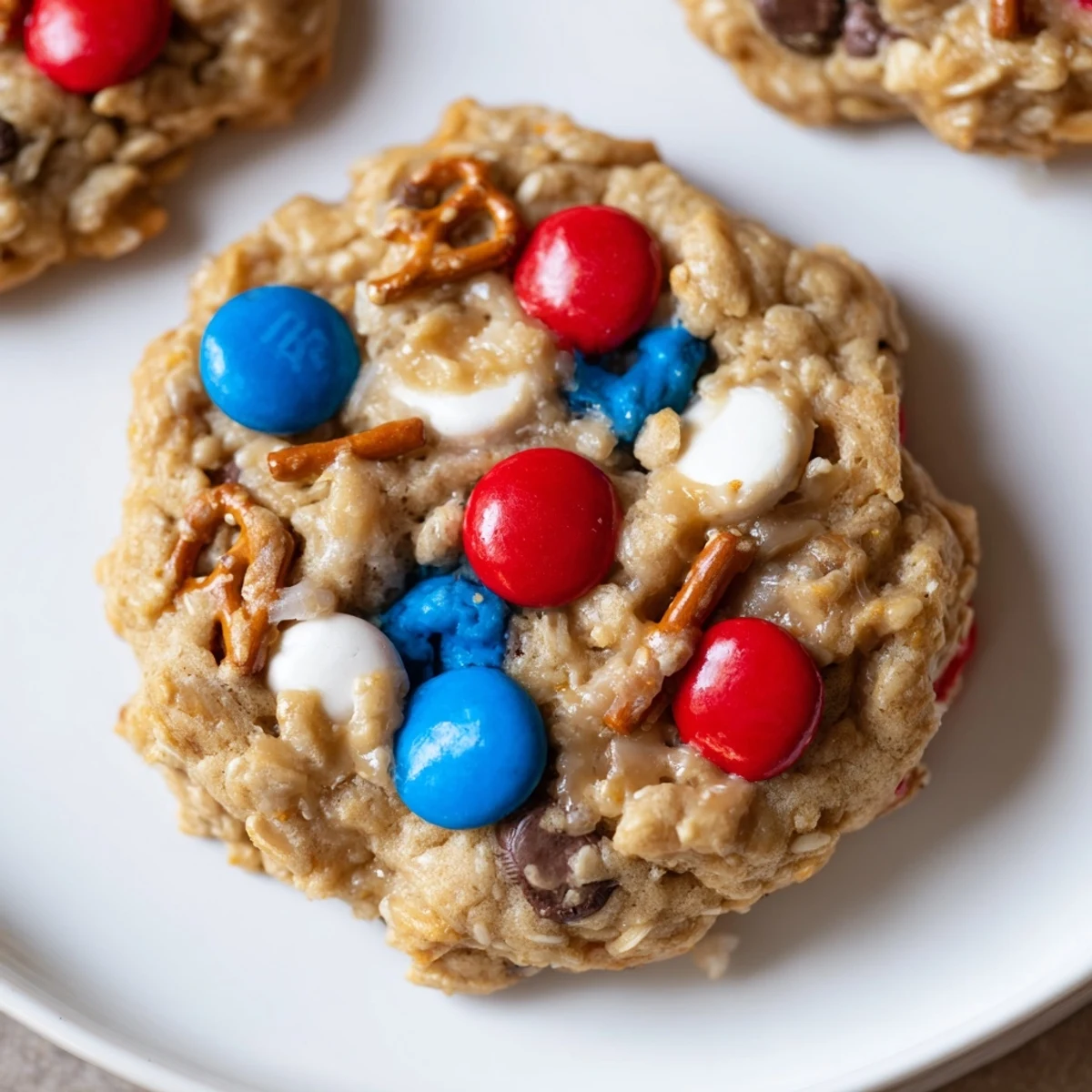 Fresh-baked Patriotic Monster Cookies topped with chocolate chips and mini pretzels