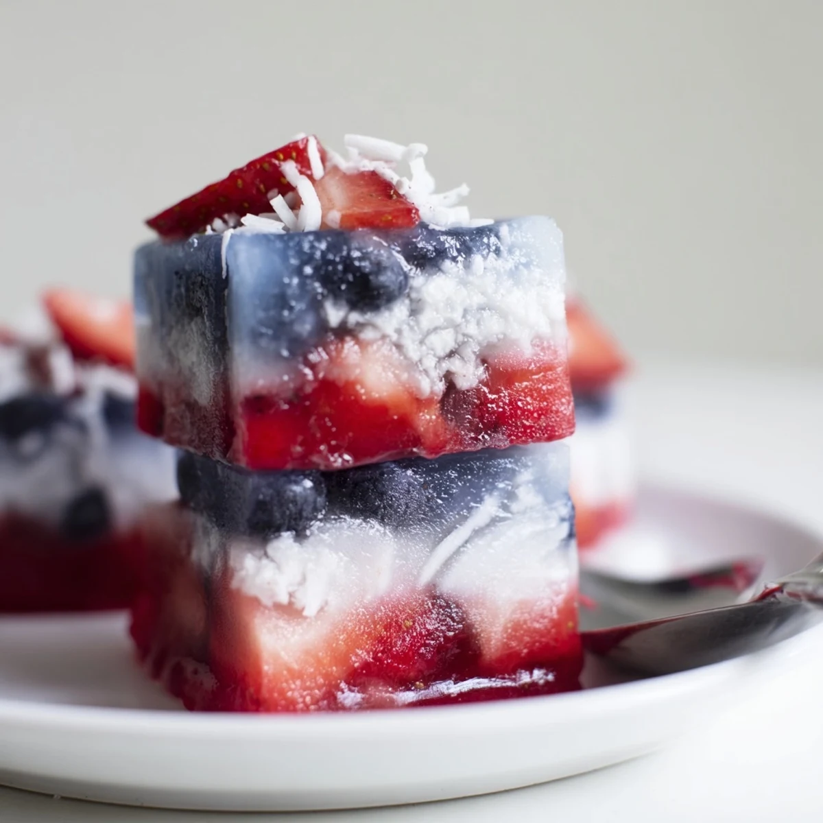 Red White And Blue Ice Cubes Recipe showing layered fruit colors chilling lemonade