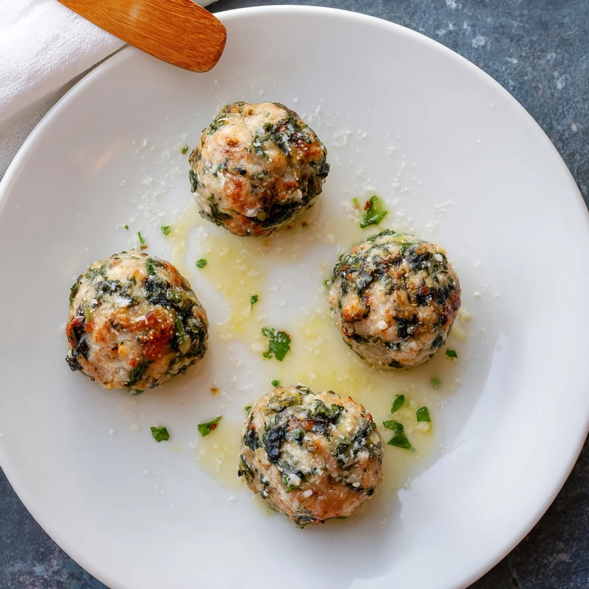 Low Carb Spinach Chicken Meatballs baked golden, resting on parchment-lined sheet