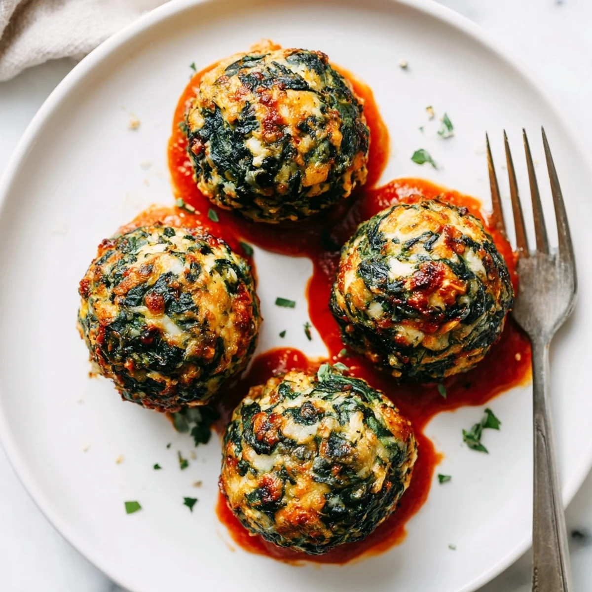 Sliced Low Carb Spinach Chicken Meatballs served with cauliflower rice and sauce